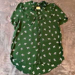 Anthropologie Green Jack Russell Dog Print Blouse